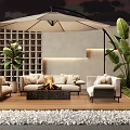 Modern Outdoor Sofa With Fire Pit Coffee Table Umbrella And Plants On Wooden Deck Night