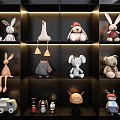 Stuffed Animal Toys Collection Display On Black Shelves With Various Figures