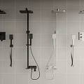 Various Modern Shower System Designs Mounted on Grey Tile Bathroom Wall 3d model