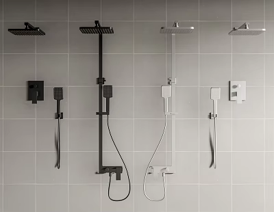 Various Modern Shower System Designs Mounted on Grey Tile Bathroom Wall 3d model