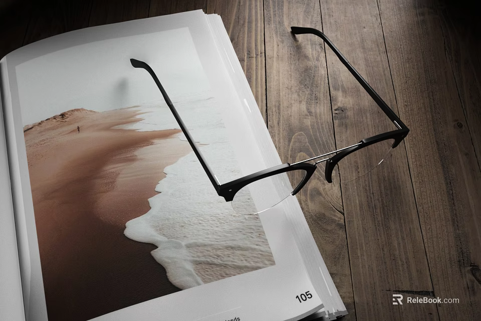 Stylish Eyeglasses Arranged On Beach Themed Paper Over Wooden Surface 3d model 