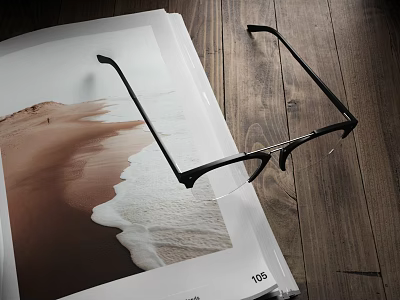 Stylish Eyeglasses Arranged On Beach Themed Paper Over Wooden Surface 3d model
