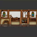 Medieval Style Indoor Scene With Wooden Floor Stained Glass Windows And Staircases