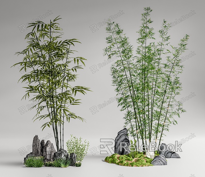 Modern Bamboo Landscape Bamboo Stone Moss Terrain Potted Tree Pool model