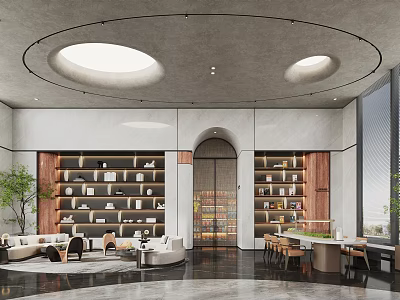 Spacious Modern Interior With Round Skylights Wooden Bookshelves And Comfortable Seating 3d model