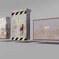 Set Of Three Household Metal Boxes Rusty Exterior With Warning Sign Stripes Handle And Labels 3d model