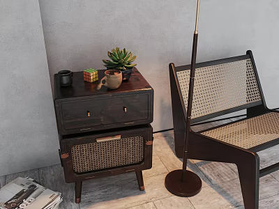 Dark Wooden Entryway Cabinet Side Cabinet With Succulent Plant Woven Design And Floor Lamp 3d model