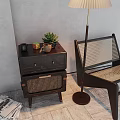 Dark Wooden Entryway Cabinet Side Cabinet With Succulent Plant Woven Design And Floor Lamp