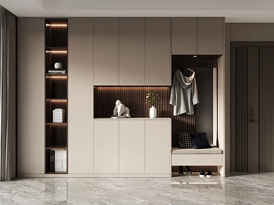 Modern Light Beige Shoe Cabinet With Bench Clothing Rack And Decorative Items In Entryway Interior 3d model