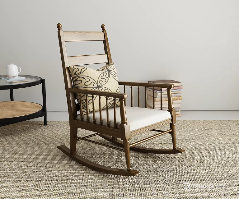 Wooden Rocking Chair With Patterned Pillow Upholstered Seat Side Table And Stack Of Books 3d model 