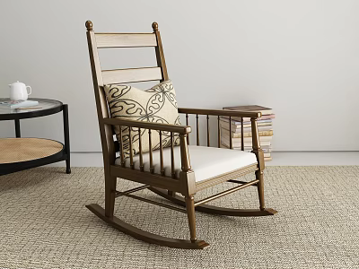 Wooden Rocking Chair With Patterned Pillow Upholstered Seat Side Table And Stack Of Books 3d model