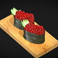 Fish Roe Sushi Served On Wooden Plate Against Black Background