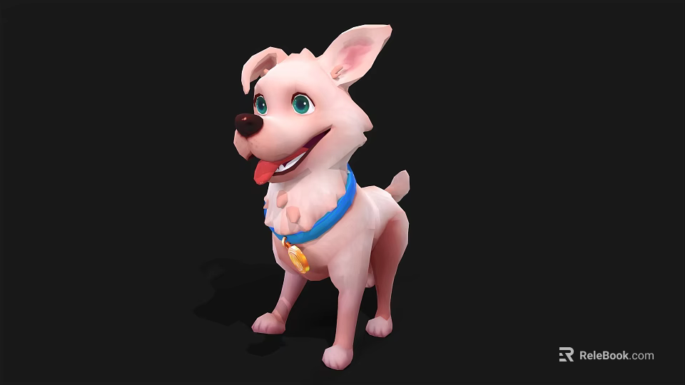 Cute Pink 3D Cartoon Dog With Blue Collar Yellow Bell Happy Expression 3d model 