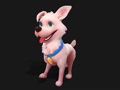 Cute Pink 3D Cartoon Dog With Blue Collar Yellow Bell Happy Expression 3d model