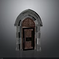Architectural Wooden Door With Arched Stone Frame And Intricate Carved Details