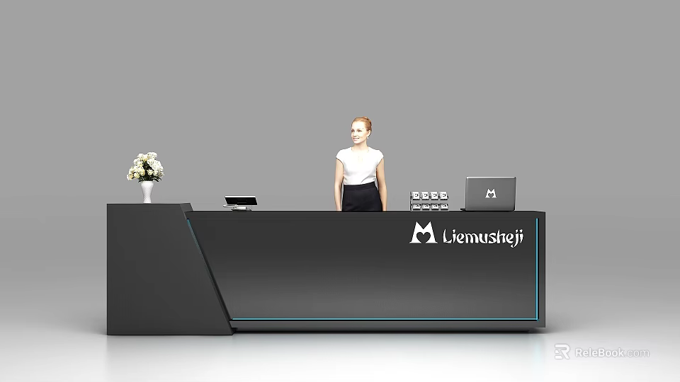 Modern Black Bar Counter Interior With Vase White Flowers Tablet Laptop Menušteji Logo and Woman 3d model 