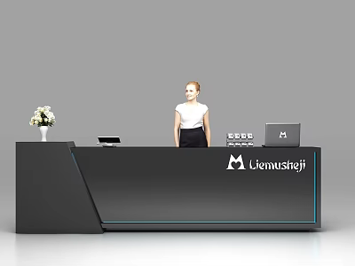 Modern Black Bar Counter Interior With Vase White Flowers Tablet Laptop Menušteji Logo and Woman 3d model