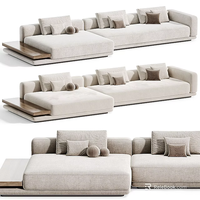 Elegant Modern Sectional Sofa Design With Beige Fabric Pillows And Wooden Ottoman 3d model 