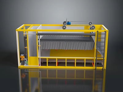 Yellow Industrial Equipment Frame With Conveyor System And Safety Ladder Platform 3d model