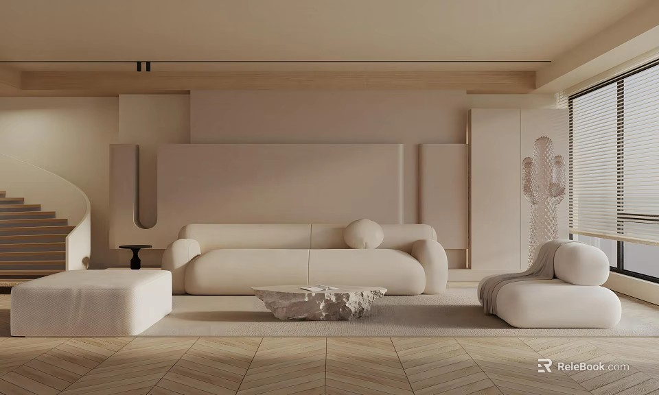 Neutral Tones Modern Living Room Interior With Sofa Ottoman And Coffee Table 3d model 