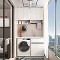 Modern Bathroom Cabinet With White Countertop Sink Faucet Washing Machine And Round Mirror