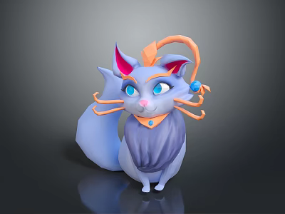 Cute Purple Cat 3D Model With Pink Ears Blue Eyes And Orange Decorative Horns 3d model