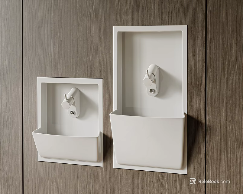 Two White Washbasins Recessed in Wooden Wall With Faucets Modern Design 3d model 