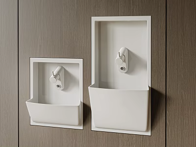 Two White Washbasins Recessed in Wooden Wall With Faucets Modern Design 3d model