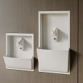 Two White Washbasins Recessed in Wooden Wall With Faucets Modern Design