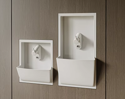 Two White Washbasins Recessed in Wooden Wall With Faucets Modern Design 3d model