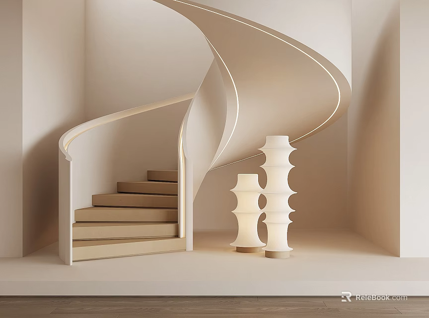 Modern Spiral Staircase With Wooden Steps White Handrail Soft Lighting And Decorative Lamps 3d model 