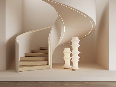 Modern Spiral Staircase With Wooden Steps White Handrail Soft Lighting And Decorative Lamps 3d model