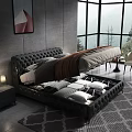 Elegant Double Bed Against Textured Gray Walls with Tufted Headboard Abstract Painting Nightstands and Lamps