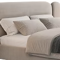 Modern Upholstered Double Bed With Curved Headboard Beige Fabric And Soft Pillows Throw Blanket