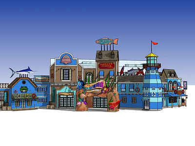 Vibrant Coastal Themed Buildings With Lighthouse Marlin Decor And Colorful Signs 3d model