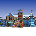 Vibrant Coastal Themed Buildings With Lighthouse Marlin Decor And Colorful Signs