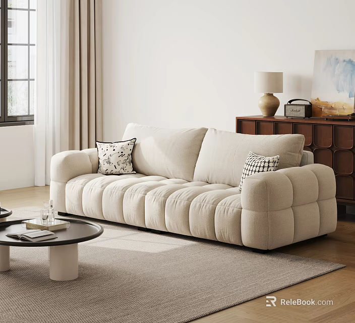 Beige Three Seater Sofa With Accent Pillows Coffee Table And Wooden Cabinet 3d model 