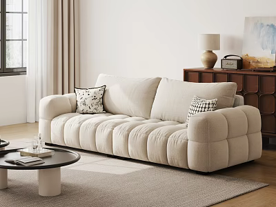Beige Three Seater Sofa With Accent Pillows Coffee Table And Wooden Cabinet 3d model
