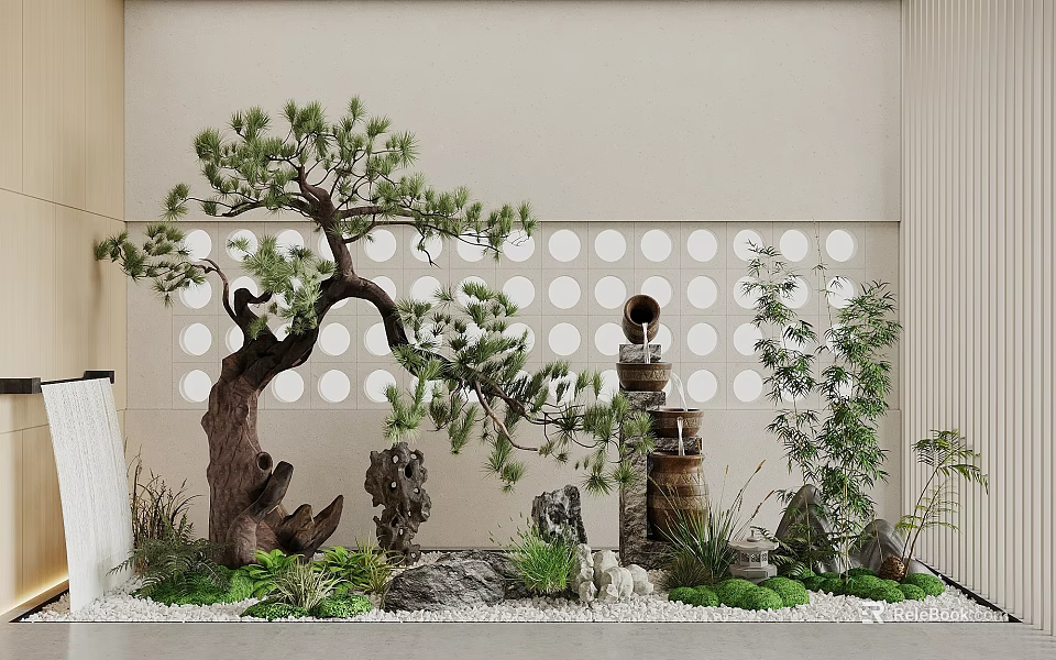 Traditional Courtyard Garden With Pine Tree Rock Formations Stone Lantern And Green Plants 3d model 