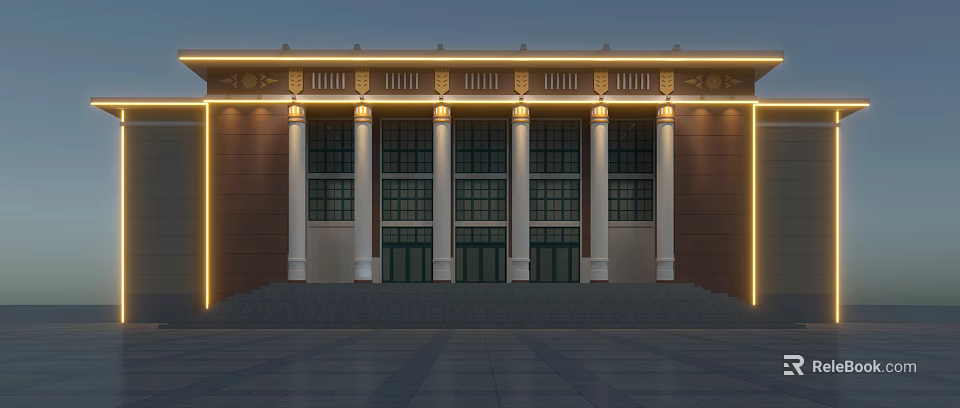 Classical Building Exterior With White Columns And Evening Lighting Design 3d model