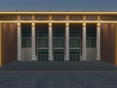 Classical Building Exterior With White Columns And Evening Lighting Design 3d model