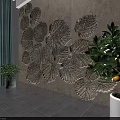 Indoor Interior Featuring Leaf Patterned Relief Wall Potted Plants Blue Curtains And Gray Tiled Floor