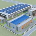 Modern Industrial Factory Complex With Solar Panels On Roof And Green Lawn Area