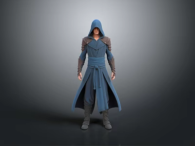 Blue Hooded Robe With Gray Arm Guards And Boots Standing On Gray Background 3d model