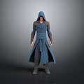 Blue Hooded Robe With Gray Arm Guards And Boots Standing On Gray Background