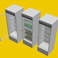 Three White Upright Freezers With Middle Door Open And Drinks Inside 3d model