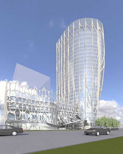 Tall Modern Hotel Building With Glass Curtain Wall And Unique Lattice Exterior 3d model