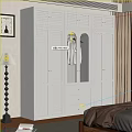 White Wardrobe With Louvered Doors Arched Glass Panels And Drawers In Bedroom