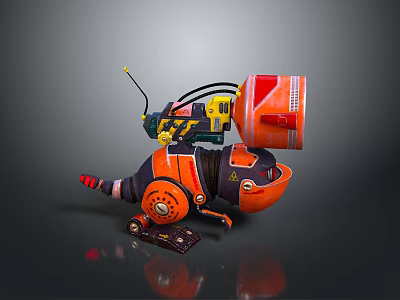 Playful Orange Black Mechanical Creature With Barrel Body Antenna Wheels And Gears 3d model