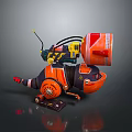 Playful Orange Black Mechanical Creature With Barrel Body Antenna Wheels And Gears